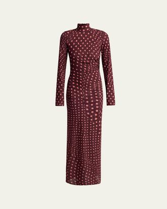 Stella McCartney Turtleneck Polka Dot Mesh Long-Sleeve Maxi Dress