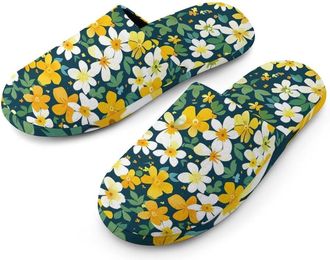Generic Summer Yellow Floral Green Leaf Warm Mens Slippers Slip On Soft Fleece House Shoes Winter Indoor Outdoor