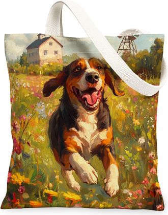 Generic Spring Coonhound Dog Canvas Tote Bag for Shopping 13x15, Country Garden Puppy Reusable Grocery Print Pattern Bag for Women, Fun Flower Pet Beach Aesth