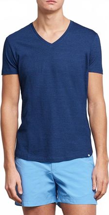 Orlebar Brown Short Sleeve V-Neck Tee In Denim Pigment