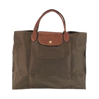 Longchamp Brown Khaki Nylon Leather Handbag Tote Bag (Pre-Owned)