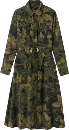 Desigual Green Floral Long Sleeve Dress with Classic Collar and Front Pockets