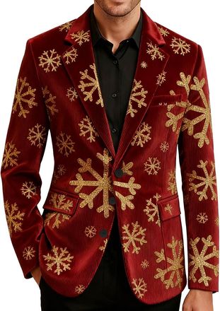 Generic Red Blazer for Men,Ugly Christmas Corduroy Ceremonial Blazers Christmas Elk Printed Blazers Single Breasted Blazer Novelty Xmas Graphic Suit Coat Fest