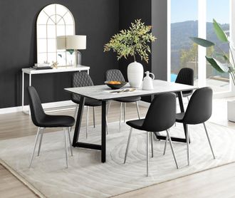 Furniturebox Carson White Marble Effect Dining Table & 6 Corona Silver Chairs in Black