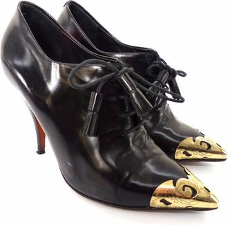 Celine Black Leather Lace Up Heeled Metal Pointed Shoes Size 37