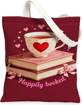 Generic Romantic Coffee and Book Canvas Tote Bags, Heart Pattern Reusable Shopping Bags, Vintage Chic Lightweight Washable Shoulder, Burgundy, 13x15 Inch