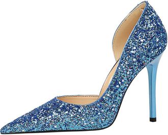 Generic Women Pointed Toe Stiletto High Heels 10.5CM Blue Sexy Pumps Sparkling Sequins Side Cut-Out Dance Shoes for Bride Prom Party-Numeric_10_Point_5