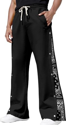 Feoya Wide Leg Joggers Men Baggy Sweatpants Printed Tracksuit Jogging Bottoms with Snap Buttons Drawstring Gym Workout Flare Trousers Black XL