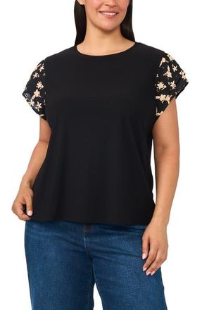 CeCe by Cynthia Steffe Eyelet Tiered Ruffle Sleeve Stretch Crepe Top in Rich Black at Nordstrom, Size 1 X