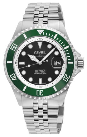 Gevril Group Mens Wall Street Swiss Automatic Watch, SS Case, Green Bezel, Black Enamel Dial, SS Satin and Polished Bracelet - Silver - One Size