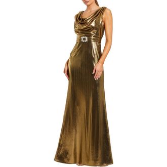 Mac Duggal Womens Metallic Sleeveless Cowl Neck Trumpet Gown With Belt in Antique Gold at Nordstrom, Size 12