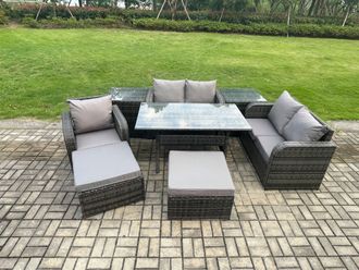 Fimous 7 Seater Lounge Rattan Sofa Set Outdoor Garden Furniture Oblong Rectangular Dining Table With Chairs 2 Big Footstool 2 Side Tables in Dark Grey
