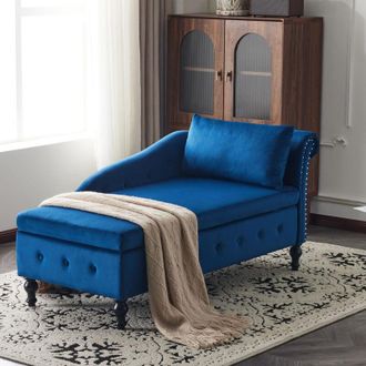 C&A Blue Velvet Chaise Lounge Sofa with Storage, Modern Upholstered Couch with Pillow for Living Room, Bedroom, Office