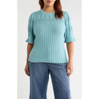 Wit & Wisdom Frill Sleeve Mixed Stitch Cotton Blend Sweater in Pale Teal at Nordstrom, Size 3 X
