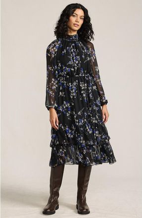 Lands End Crinkle Chiffon Ruffle Dress in Black/lapis Fall Floral at Nordstrom, Size X-Small