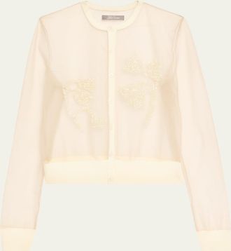 Lela Rose Tulip Beaded Sheer Crewneck Cardigan