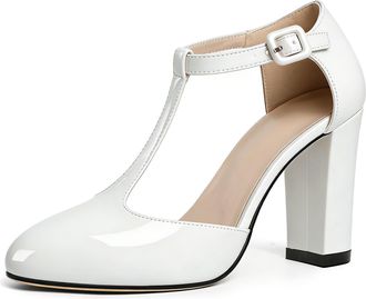 EDEFS Womens White Patent Mary Jane Heels with T Strap 3.5 Inch Block Heel Court Shoes Closed Toe Dress Heels for Party Wedding and Work UK2