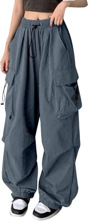 Generic Womens Wide Leg Y2k Parachute Pants Baggy High Waisted Cargo Pants Lightweight Summer Casual Hip Hop Streetwear Grunge Punk Trousers Drawstring Solid 