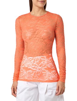 Pinko Womens Nereo Knitted Lace Stretch Floral Henley Shirt, P77_Salmon Fresh, S