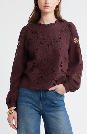 Treasure & Bond Open Floral Cutwork Linen Blend Top in Burgundy Fudge at Nordstrom, Size Xx-Small