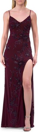 La Femme Beautiful Beaded Evening Gown with V Neckline and Open Back in Dark Berry at Nordstrom, Size 00