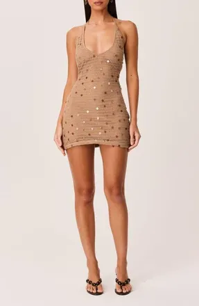 SNDYS Kimali Sequined Crochet Halter Minidress in Mocha at Nordstrom, Size X-Large