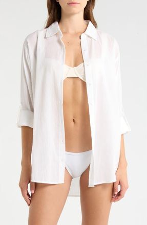 Elan Evil Eye Print Button-Up Cover-Up Shirt in White Heart at Nordstrom, Size Medium