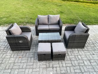 Fimous Wicker PE Rattan Outdoor Furniture Set Garden Love Sofa Coffee Table 2 Armchair 2 Small Footstools Dark Grey Mixed