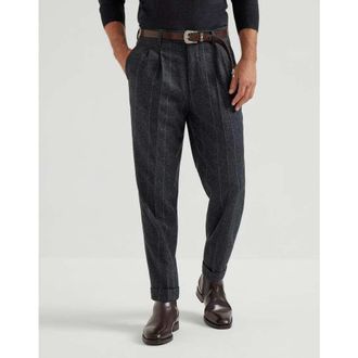 Brunello Cucinelli Mens Anthracite Wool Silk Pinstripe Trousers, Size 50