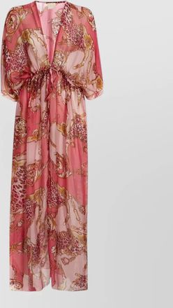 Guess dress bold print kimono sleeves sheer waist tie v neckline