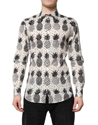 Dolce & Gabbana White Pineapple Print Long Sleeve GOLD Mens Shirt