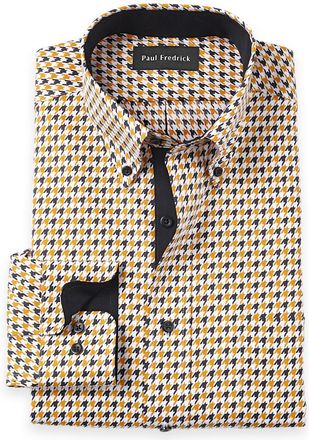 Paul Fredrick Slim Fit Non-iron Cotton Houndstooth Dress Shirt With Contrast Trim