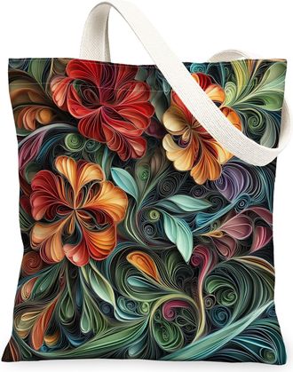 Generic Spring Quilting Paper Geranium Flower Canvas Tote Bag for Shopping 13x15, Floral Wildflower Reusable Grocery Print Bag for Women, Garden Beach Aesthet