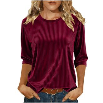 Generic Womens Velvet Top Elegant 3/4 Sleeve Ribbed Knit Jumper Ladies Casual Round Neck Shirt Soft Solid Color Dressy Blouse Fashion Womens Loose Fit Pullove