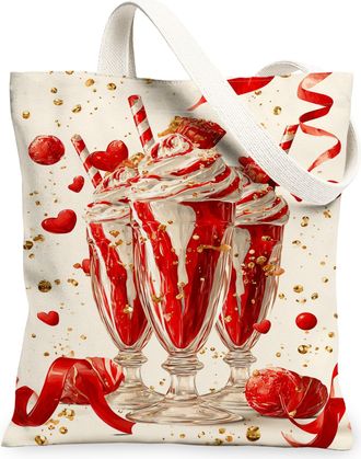 Generic ValentineS Day Dessert Canvas Tote Bag, Retro Sweet Treats Pattern Reusable Grocery Bags, Lightweight Washable Shoulder St, Red, 13x15 Inch