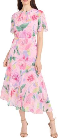Maggy London Floral Asymmetric Hem Midi Dress in Lavendar/Pink at Nordstrom Rack, Size 4