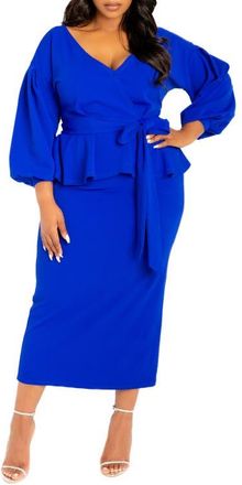 Buxom Couture Convertible Shoulder Belted Peplum Midi Dress in Royal Blue at Nordstrom, Size 1X