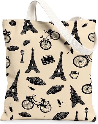 Generic Vintage Paris Tower Canvas Tote Bag, Artistic French Design Reusable Grocery Bags, Lightweight Washable Shoulder Strap Bags, Beige, 13x15 Inch