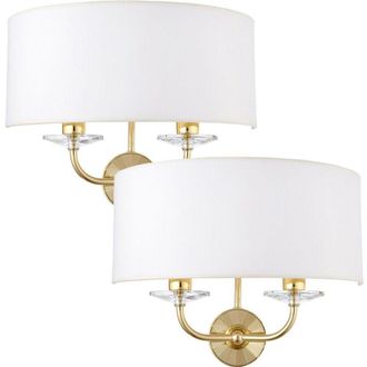 Loops 2 PACK Dimmable Twin Wall Light Brass Glass White Fabric Shade Curved Arm Lamp