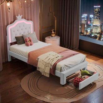 OEM Cama Infantil 90x200 Cm &laquo; Corona &raquo; Led Blanca Con Caj&oacute;n, Somier De Lamas - Marco Individual