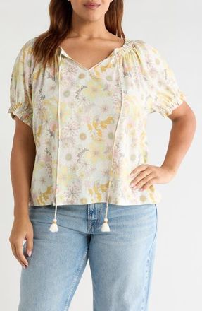 Liverpool L.A. Floral Gathered Split Neck Top in Pristine Multi at Nordstrom, Size 3 X