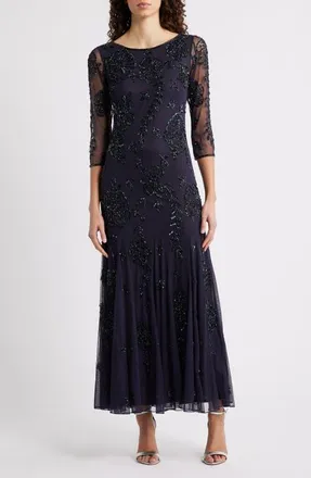 Pisarro Nights Beaded Floral Mesh Gown in Slate 421 at Nordstrom, Size 12