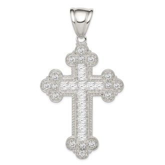 Diamond2Deal Sterling Silver Rhodium-plated Cubic Zirconia Budded Cross Pendant