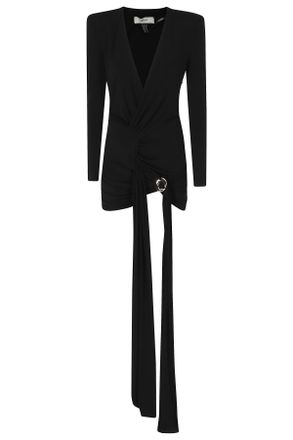 Nissa Black Deep V-Neck Asymmetrical Polyester Long Evening Dress