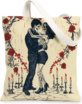 Generic Romantic Valentines Day Canvas Tote Bag for Shopping 13x15, Retro Skeleton Skull Couple Reusable Grocery Print Pattern Bag for Women, Love Lover Beach