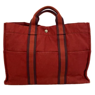 Herm&egrave;s Red Color Canvas Tote Bag (Pre-Owned)