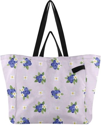 Generic Blueberries Flowers Purple pattern Reusable Canvas Tote Bag, Heavy Duty Grocery Shopping Bag with Hard Bottom Large Capacity Double Handles Work Groce