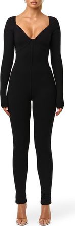 Naked Wardrobe Faux Bustier Ribbed Long Sleeve Jumpsuit in Black at Nordstrom, Size X-Small
