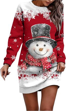 Generic Christmas Party Dresses Women Ladies Long Sleeve Round Neck Xmas Graphic Print Jumper Dress Winter Casual Dress