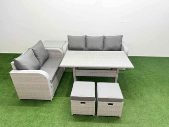 Fimous 7 Seater PE Rattan Wicker Garden Furniture Patio Conservatory Sofa Set w/ Rectangular Dining Table 3 Seater Sofa Love Sofa 2 Stools Side Table